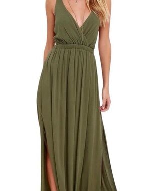 Lulus Lost in Paradise Olive Green Maxi Dress Gauze Sexy Open Back Strappy Lined